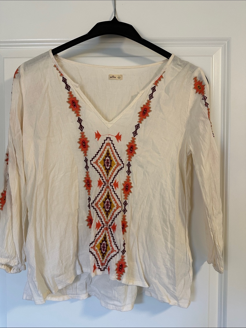 Hollister Ivory V-Neck Tunic with Orange & Purple Embroidery